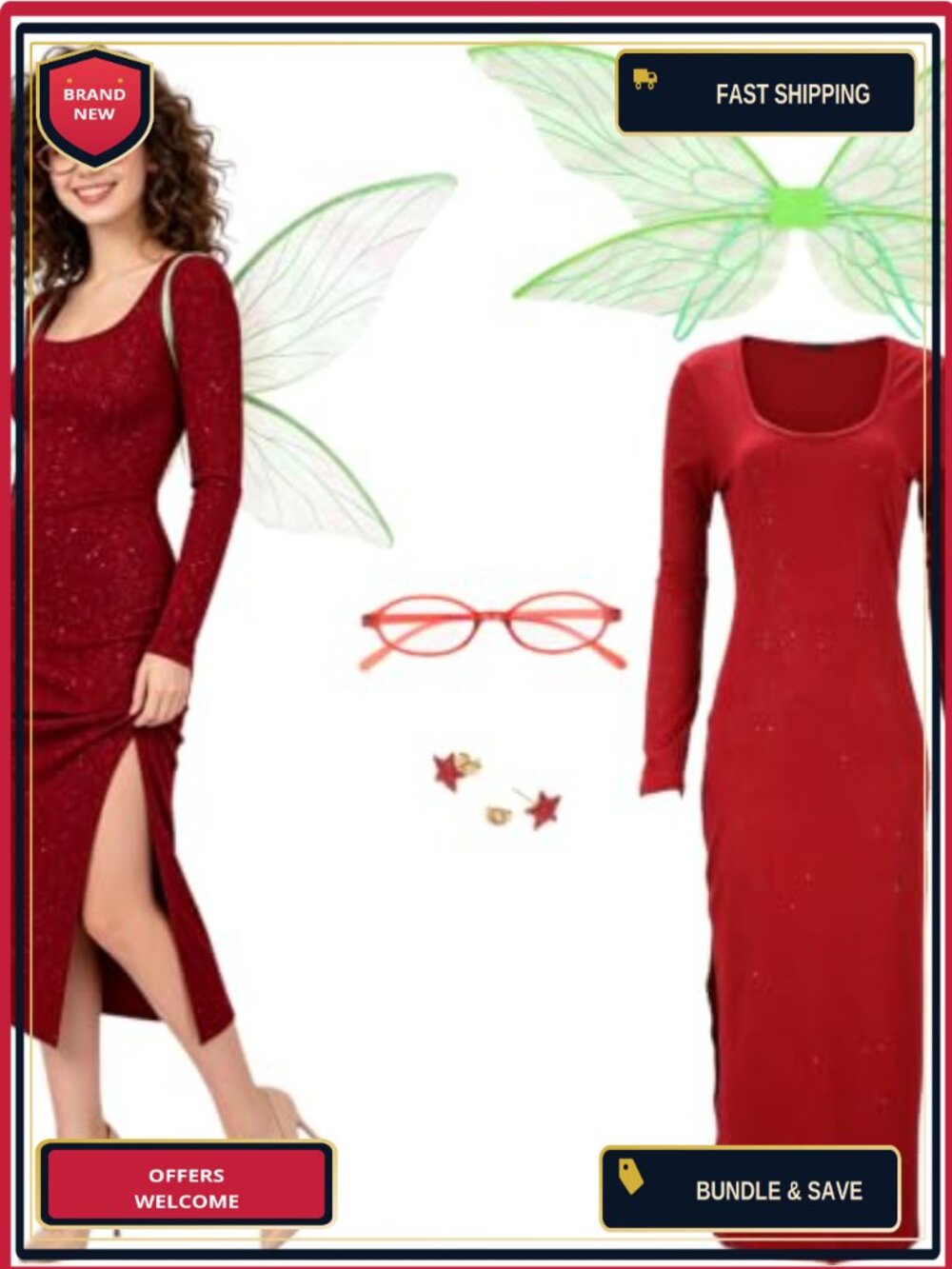 Fairy Godmother Costume Set Sequin Dress Wings Glasses Earrings Women Cosplay